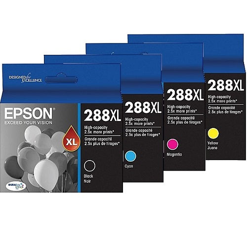 Genuine 4 Pack Epson 288XL High Yield Ink Cartridges (C13T306192-C13T306492) 1BK,1C,1M,1Y