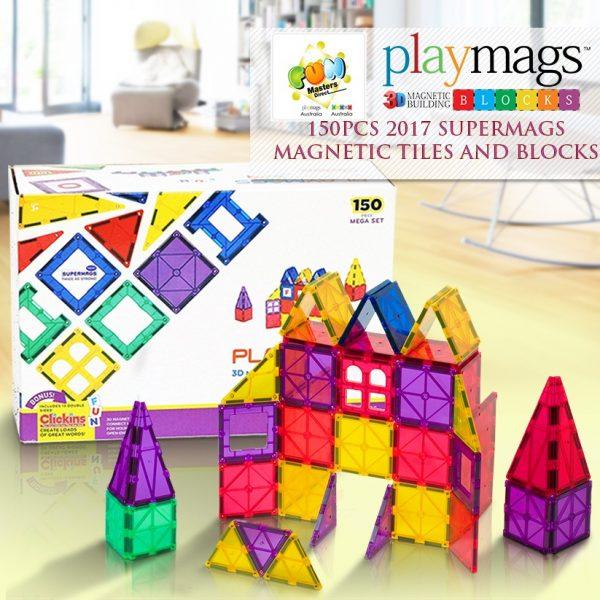 Playmags Supermags 150-Piece Magnetic Tiles Set with 13 ABC Clickin