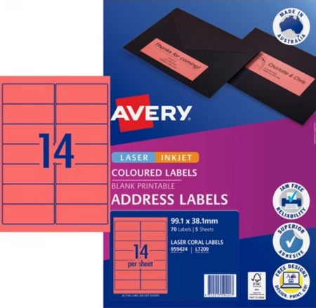 14UP AVERY L7209 Coral Coloured Labels 99.1 x 38.1 mm 70 Labels/5 Sheets
