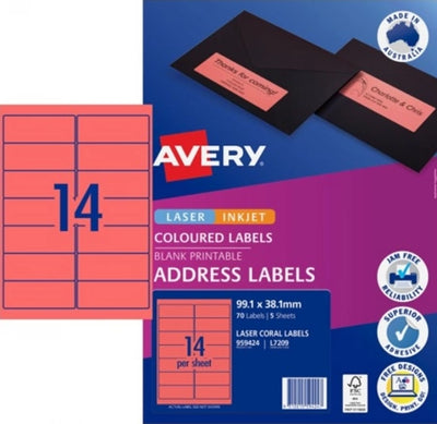 14UP AVERY L7209 Coral Coloured Labels 99.1 x 38.1 mm 70 Labels/5 Sheets