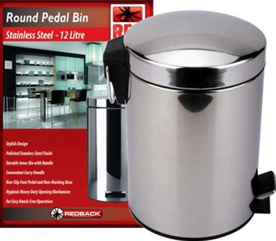 12L Redback Pedal Bin - 39cm - Stainless Steel - 25cm diameter