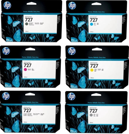 Genuine Pack of 6 HP 727 Ink Cartridges - C1Q12A B3P19A B3P24A - 1BK 1C 1M 1Y 1PHG 1MBK