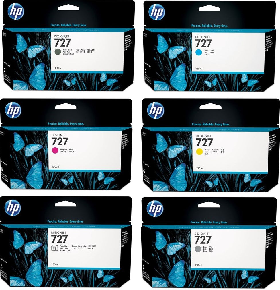 Genuine Pack of 6 HP 727 Ink Cartridges - C1Q12A B3P19A B3P24A - 1BK 1C 1M 1Y 1PHG 1MBK