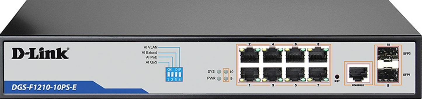 10-Port Gigabit Smart Managed PoE+ Switch with 8 Long Reach PoE Ports and 2 SFP Ports DGS-F1210-10PS-E