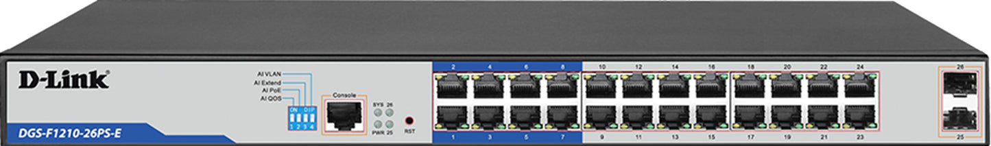 D-Link 26-Port Gigabit Smart Managed PoE+ Switch with 24 PoE+ Ports (8 Long Reach 250m) and 2 SFP Ports DGS-F1210-26PS-E