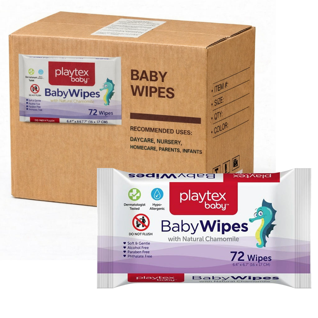 Carton of 12 Pack of 72 Playtex Baby Natural Chamomile Baby Wipes - Alcohol Free / Paraben Free / Phthalate Free