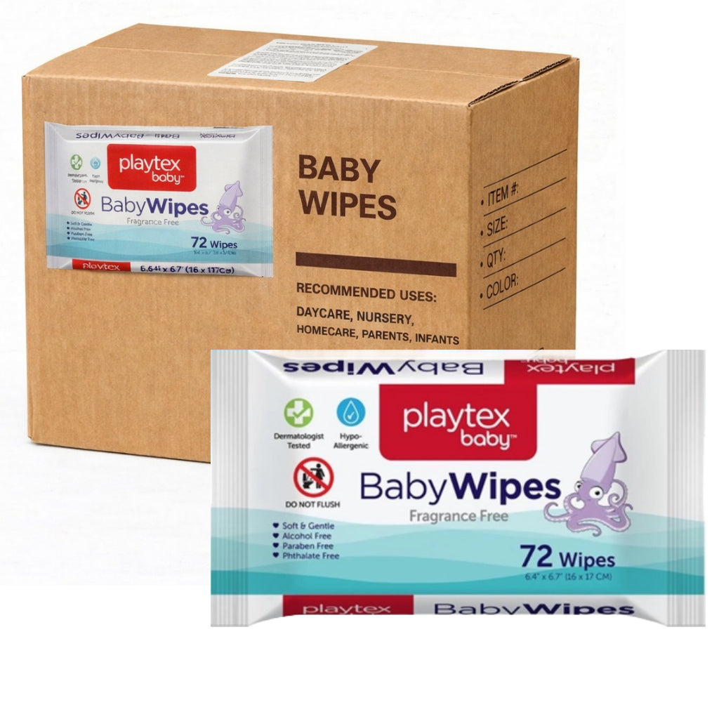 Carton of 12 Pack of 72 Playtex Baby Fragrance Free Baby Wipes - Alcohol Free / Paraben Free / Phthalate Free