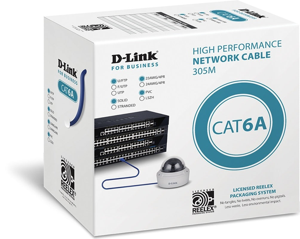 D-Link Cat6A U-FTP 23AWG Network Cable, 305m in Reelex packaging, Blue NCB-6AUFS23BLU-305