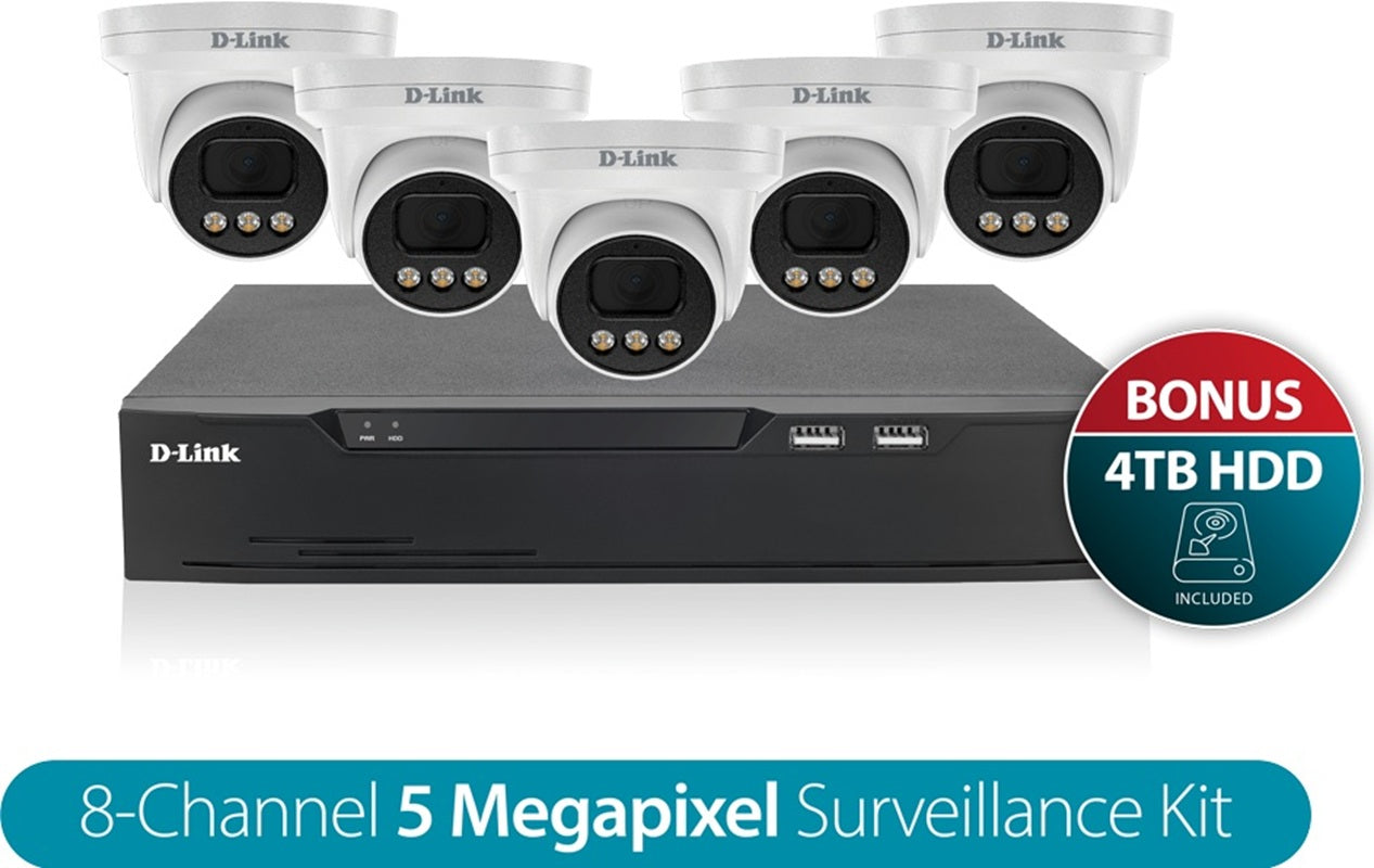 D-Link Vigilance Surveillance Kit with 8CH NVR and Five 5MP Turret Cameras (4TB HDD included) DNR8P-5MP-4TB