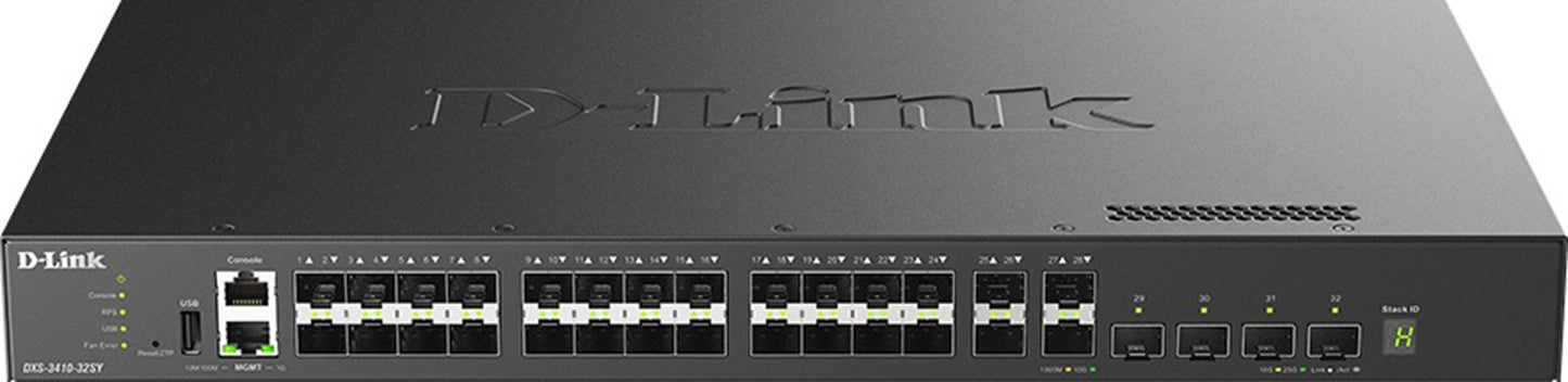 D-Link 32-Port 10 Gigabit Layer 3 Stackable Managed Switch with 24 Multi-Gigabit 10GBASE-T Ports, 4 10Gb SFP+ and 4 10/25Gb SFP28 Ports DXS-3410-32XY