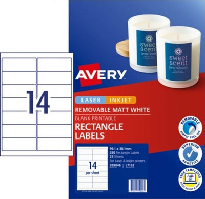14UP AVERY Removable Multipurpose Labels 99.1 x 38.1 mm 350 Labels/25 Sheets L7163