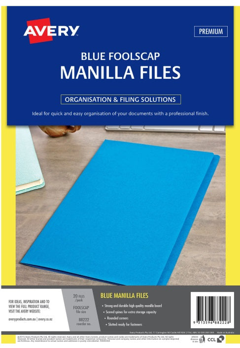 AVERY Blue manilla folder foolscap 186gsm 20/Pack