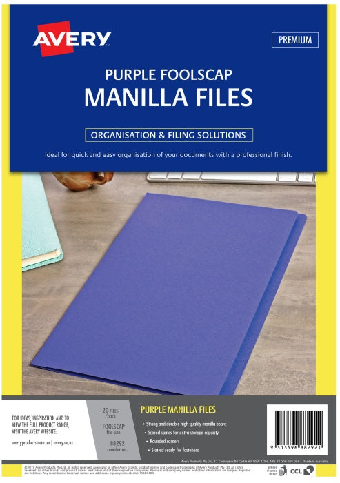 AVERY Purple manilla folder foolscap 186gsm 20/Pack