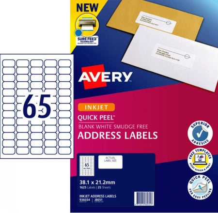 65UP AVERY J8651 Quick Peel Address L;abels with Sure Feed 38.1 x 21.2 mm 1625 Labels/25 Sheets