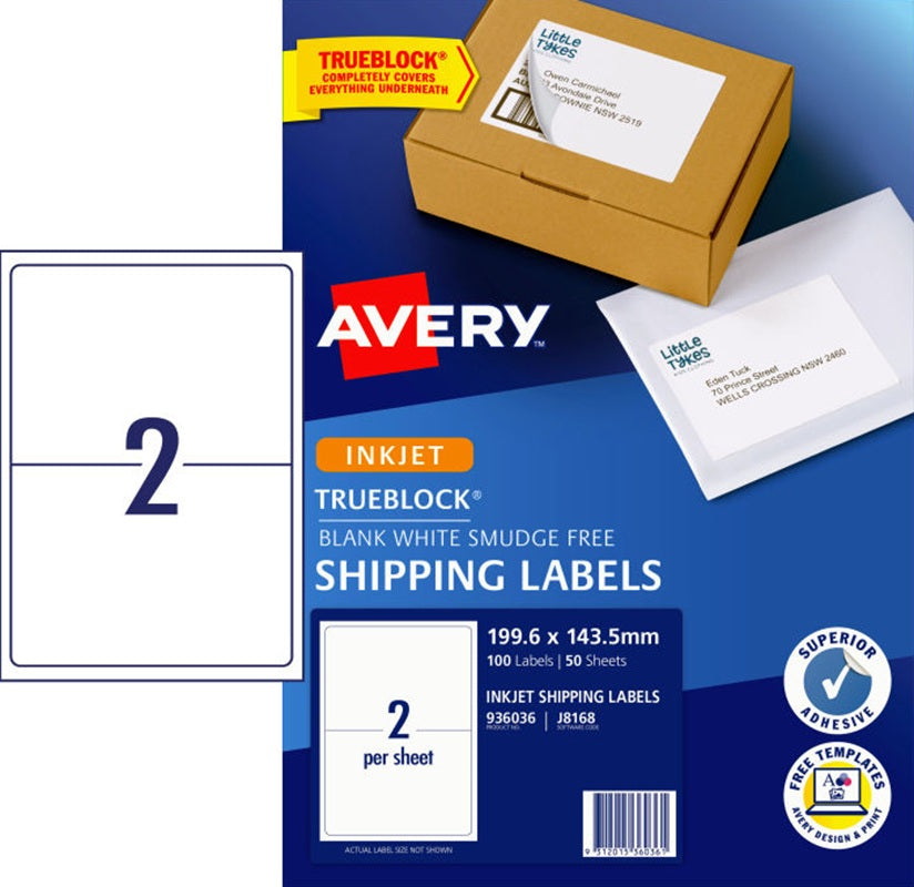 2UP AVERY J8168 White Trueblock Shipping Labels 199.6 x 143.5mm 100 Labels/50 Sheet