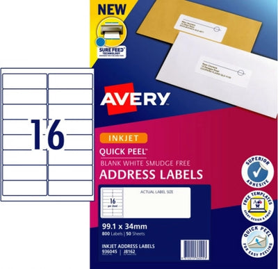 16UP AVERY White Quick Peel Addressing Labels 99.1mm x 34mm 800 Labels/50 Sheets J8162