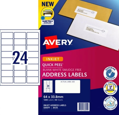 24UP AVERY Quick Peel Address Labels with Sure Feed 64 x 33.8mm 1200 Labels/50 Sheets J8159