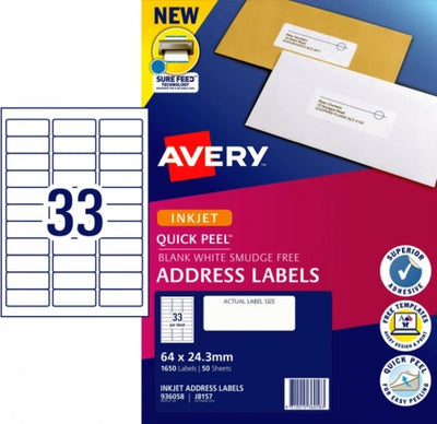 33UP AVERY J8157 Quick Peel Address Labels with Sure Feed 64 x 24.3mm 1650 Labels/50 Sheets