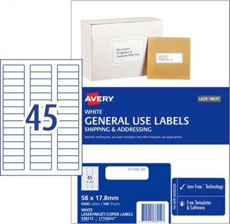45UP AVERY L7156GU General use labels 58 x 17.8 mm 4500 Labels/100 Sheets
