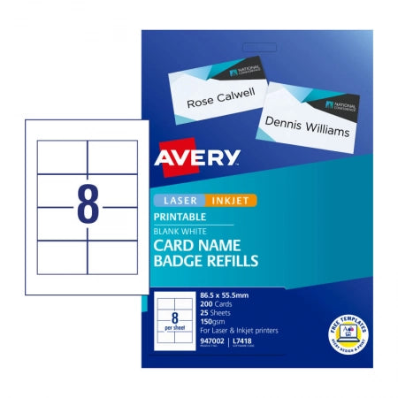 8UP AVERY Card Name Badges refill 55.5 x 86.5 mm 200 Badges/25 Sheets L7418
