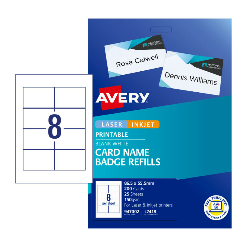 8UP AVERY Card Name Badges refill 55.5 x 86.5 mm 200 Badges/25 Sheets L7418