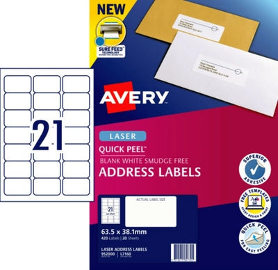 21UP AVERY L7160 Quick peel address labels with sure feed 63.5 x 38.1 mm 420 Labels/20 Sheets