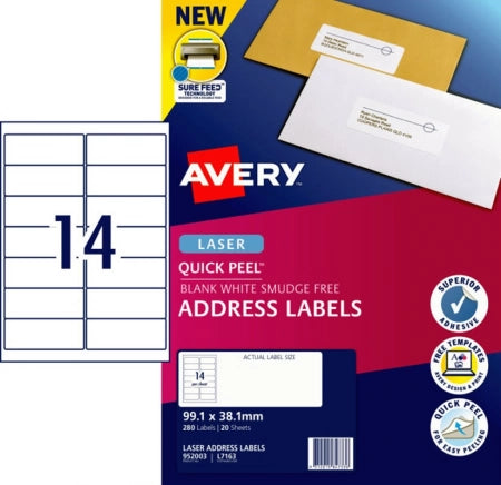 14UP AVERY Quick Peel Address Labels with Sure Feed 99.1 x 38.1 mm 280 Labels/20 Sheets L7163