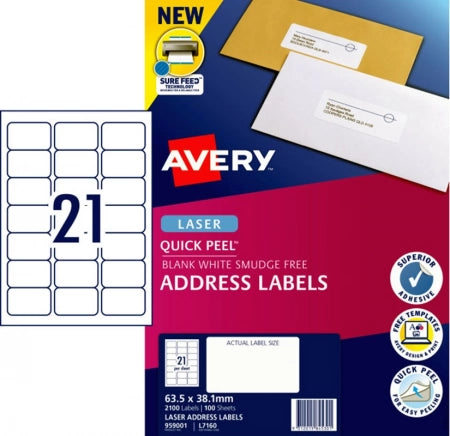 21UP AVERY L7160 Quick Peel Address Labels with Sure Feed 63.5 x 38.1 mm 2100 Labels/100 Sheets