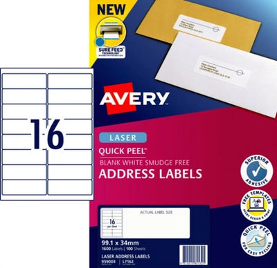 16UP AVERY Quick Peel Address Labels with Sure Feed 99.1 x 34 mm 1600 Labels/100 Sheets L7162