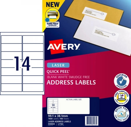 14UP AVERY Quick Peel Address Labels with Sure Feed 99.1 x 38.1 mm 1400 Labels/100 Sheets L7163