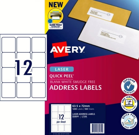 12UP AVERY L7164 Quick Peel Address Labels with Sure Feed 63.5 x 72 mm (1200 Labels/100 Sheets)
