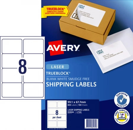 8UP AVERY Shipping Labels with Trueblock 99.1 x 67.7 mm 800 Labels/100 Sheets L7165