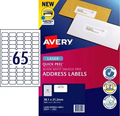 65UP AVERY L7651 Quick Peel Address Labels with Sure Feed 38.1 x 21.2 mm 1625 Labels/25 Sheets