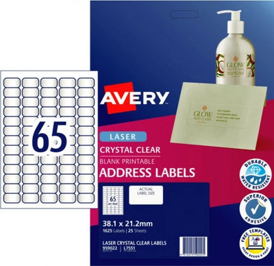 65UP AVERY L7551 Crystal clear address labels 38.1 x 21.2 mm 1625 Labels/25 Sheets