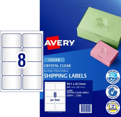 8UP AVERY Crystal Clear Shipping Labels 99.1 x 67.7 mm 200 Labels/25 Sheets L7565