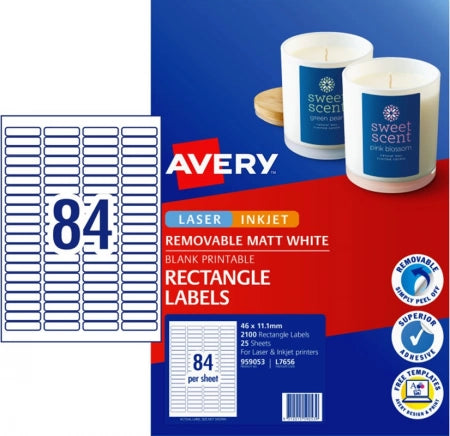 84UP AVERY L7656 Removable Multipurpose Labels 46 x 11.1 mm 2100 Labels/25 Sheets