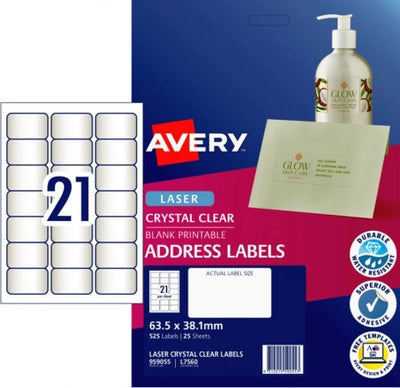 21UP AVERY L7560 Crystal Clear Address Labels 63.5 x 38.1 mm 525 Labels/25 Sheets