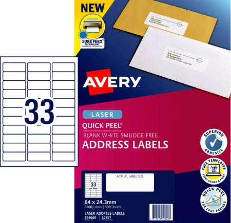 33UP AVERY L7157 Quick Peel Address Labels with Sure Feed 64 x 24.3 mm 3300 Labels/100 Sheets