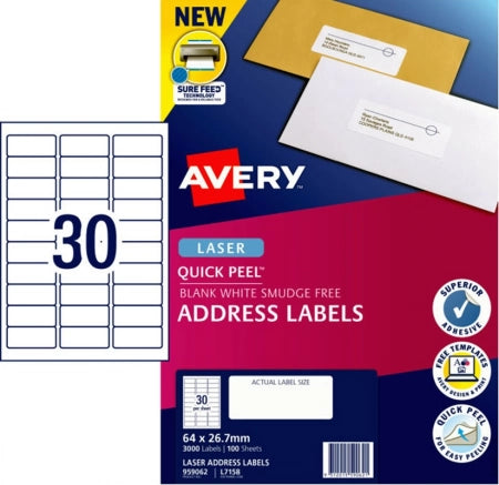30UP AVERY L7158 Quick Peel Address Labels with Sure Feed 64 x 26.7 mm 3000 Labels/100 Sheets