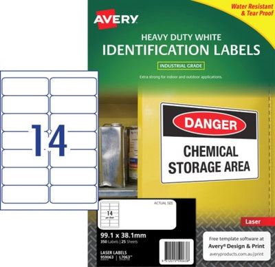 14UP AVERY L7063 White Heavy Duty Labels 99.1 x 38.1 mm 350 Labels/25 Sheets