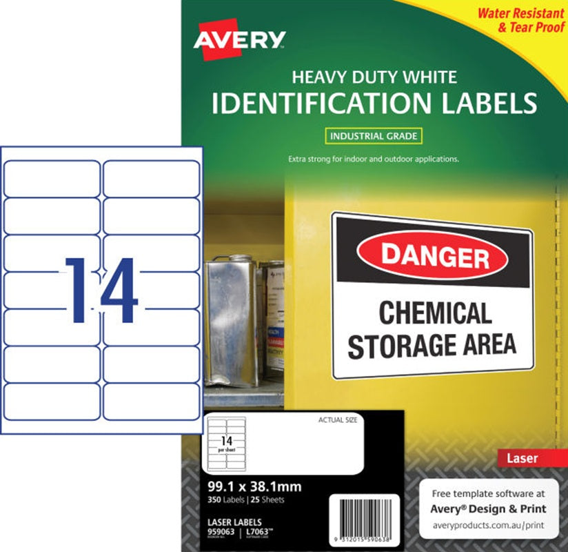 14UP AVERY L7063 White Heavy Duty Labels 99.1 x 38.1 mm 350 Labels/25 Sheet