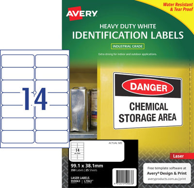 14UP AVERY L7063 White Heavy Duty Labels 99.1 x 38.1 mm 350 Labels/25 Sheet