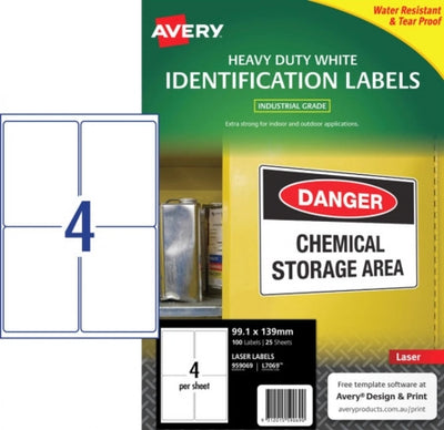 4UP AVERY L7069 White Heavy Duty Labels 99.1 x 139 mm 100 Labels/25 Sheets