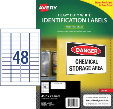 48UP AVERY White Heavy Duty Labels 45.7 x 21.2 mm 1200 Labels/25 Sheets L4778