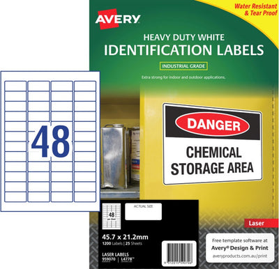 48UP AVERY White Heavy Duty Labels 45.7 x 21.2 mm 1200 Labels/25 Sheets L4778