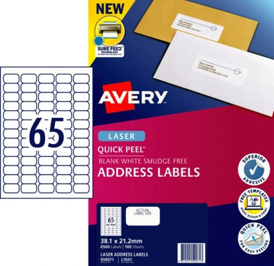 65UP AVERY L7651 Quick Peel Address Labels with Sure Feed 38.1 x 21.2 mm 6500 Labels/100 Sheets
