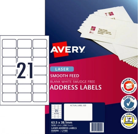 21UP AVERY L7160 Address Labels with Smooth Feed 63.5 x 38.1 mm 5250 Labels/250 Sheets