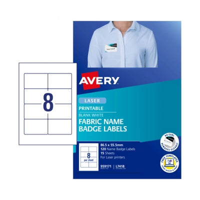 8UP AVERY Fabric Name Badge labels 55.5 x 86.5 mm 120 Badges/15 Sheets L7418