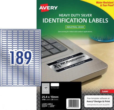 189UP AVERY L6008 Silver Heavy Duty Labels 25.4 x 10 mm 3780 Labels/20 Sheets