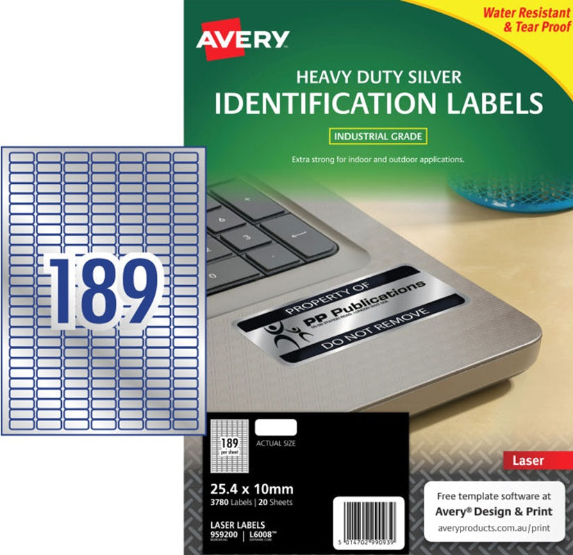 189UP AVERY L6008 Silver Heavy Duty Labels 25.4 x 10 mm 3780 Labels/20 Sheet